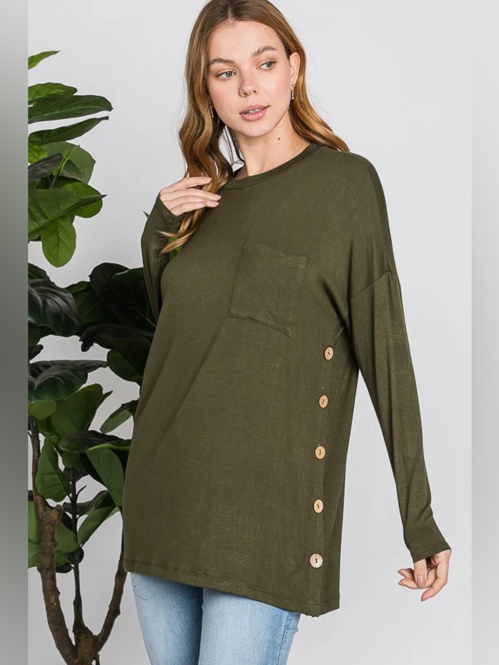 B125 REB. in J. Olive Long Sleeve Side Button Top